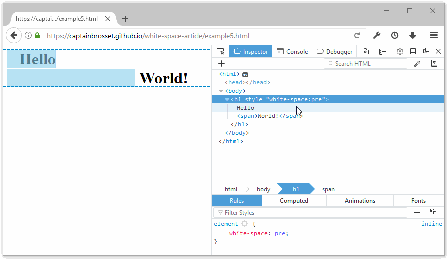 Animation showing how Firefox DevTools shows where the whitespace has been assigned