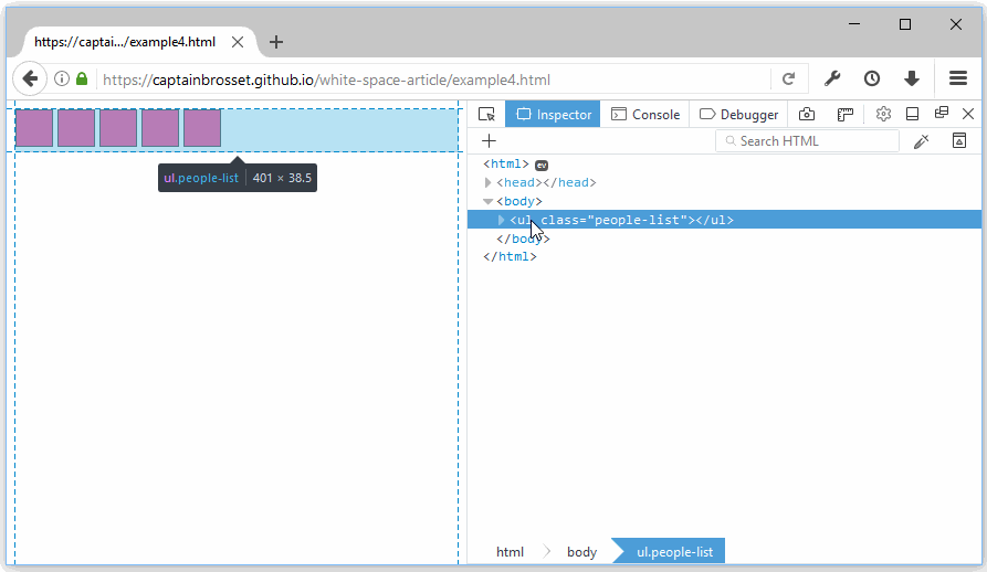 Animation showing how Firefox DevTools displayed whitespace text nodes when they matter