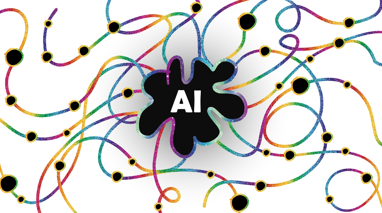 An abstract illustration showing a blob, labeled AI, and its many tentacles spreading around it.