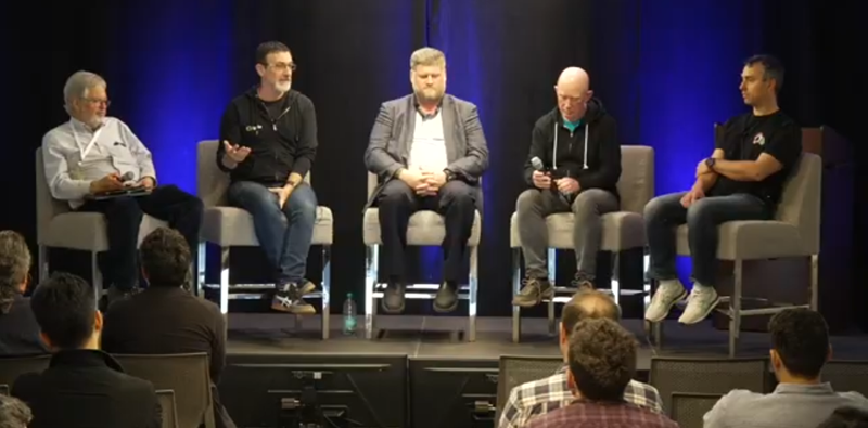 The panel, on stage at BlinkOn 21. From left to right: Michael Champion, Brian Kardell, Greg Witworth, Ade Bateman, and myself.