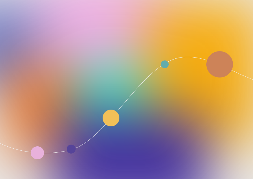 Abstract illustration of a multi-color blur with a line passing through it, extending past the blur, with colored dots along it.