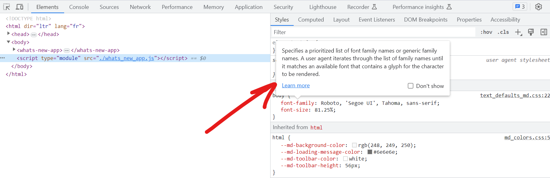 The Chrome Devtools Styles panel, showing a tooltip with documentation