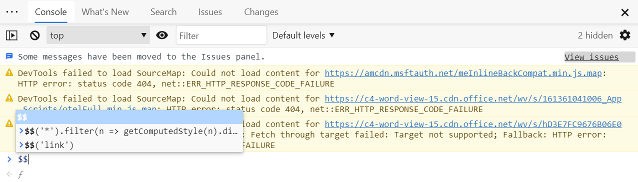 Screenshot of Edge DevTools showing the autocomplete suggestion list in the console panel that contains past commands matching what you typed