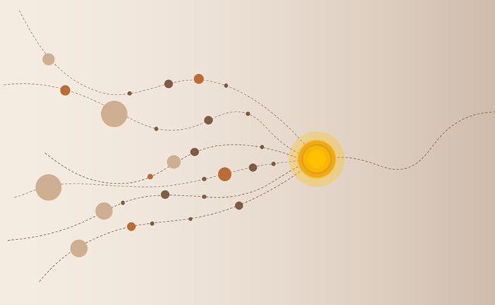 An abstract illustration showing thing wiggly lines, covered in little colored dots, converging to a central dot, with a single line coming out the other side.