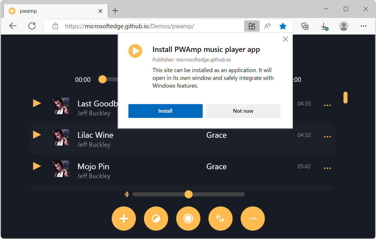 PWAmp, loaded in Microsoft Edge, showing the install app button in the address bar, and the app installation prompt