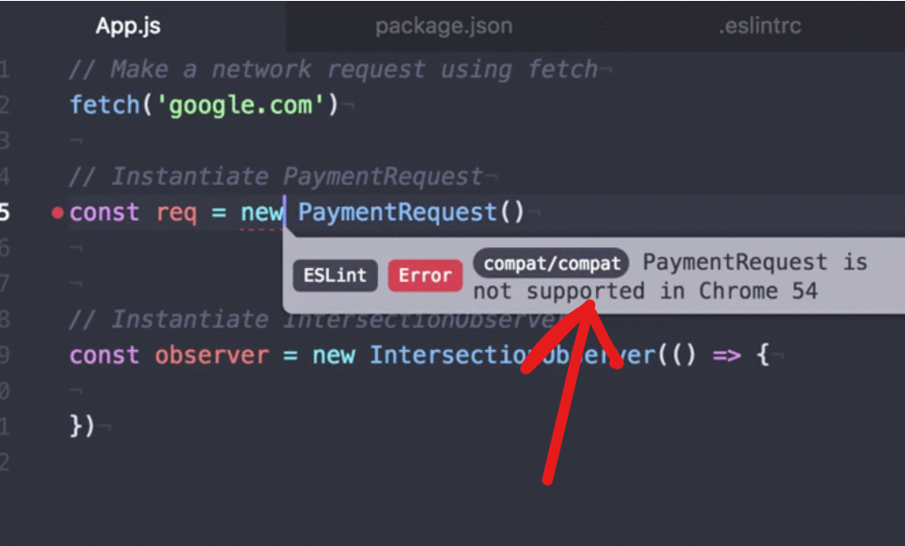 An ESLint error tooltip in a piece of code, showing that this ESLint plugin can tell you when APIs are not supported