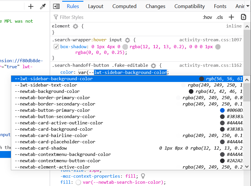 Screenshot of Firefox's css var autocomplete