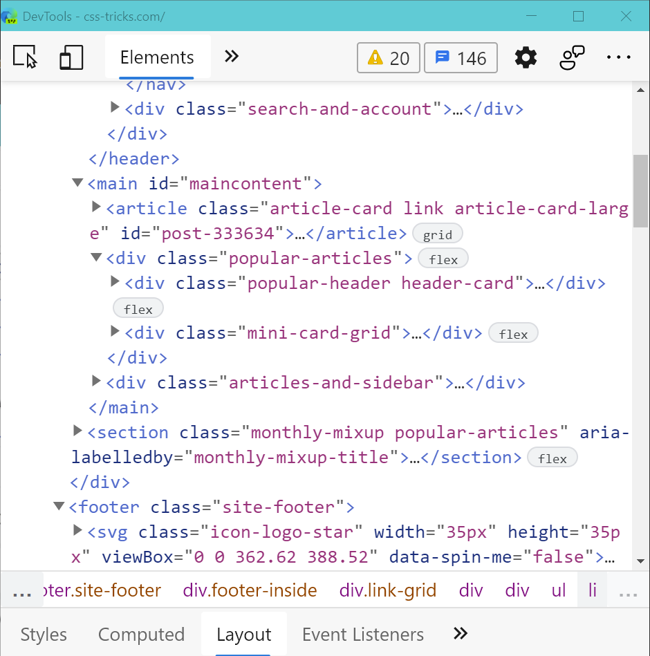 Screenshot of the Elements panel that shows certain elements have a grid badge, and others a flex badge