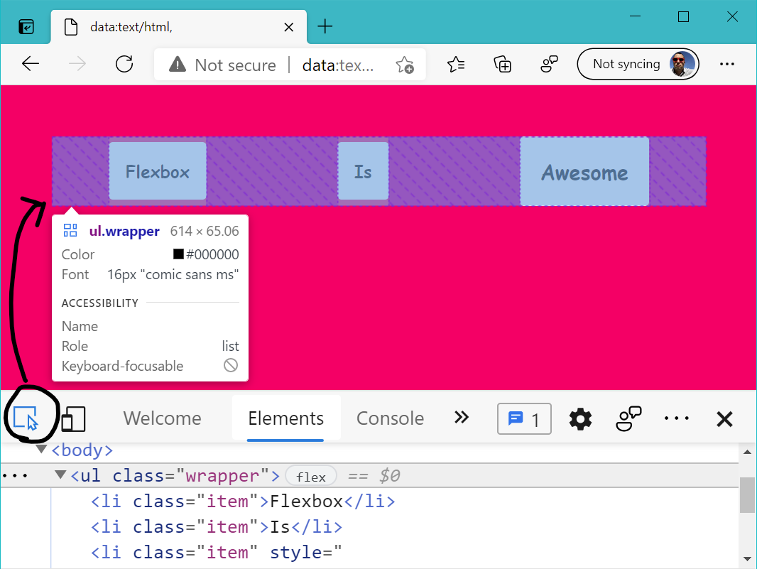 The flexbox overlay that appears on elements that are flexbox containers