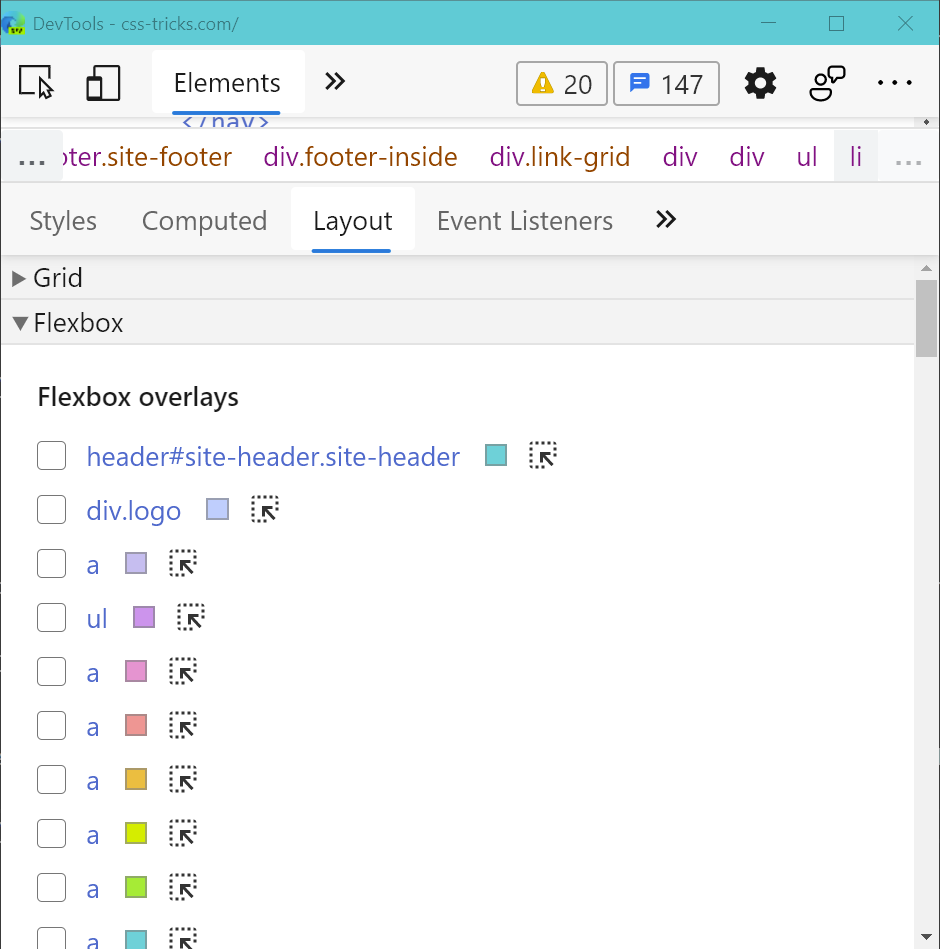 Screenshot of the Layout panel showing the Flexbox section which lists all flexbox containers on the page