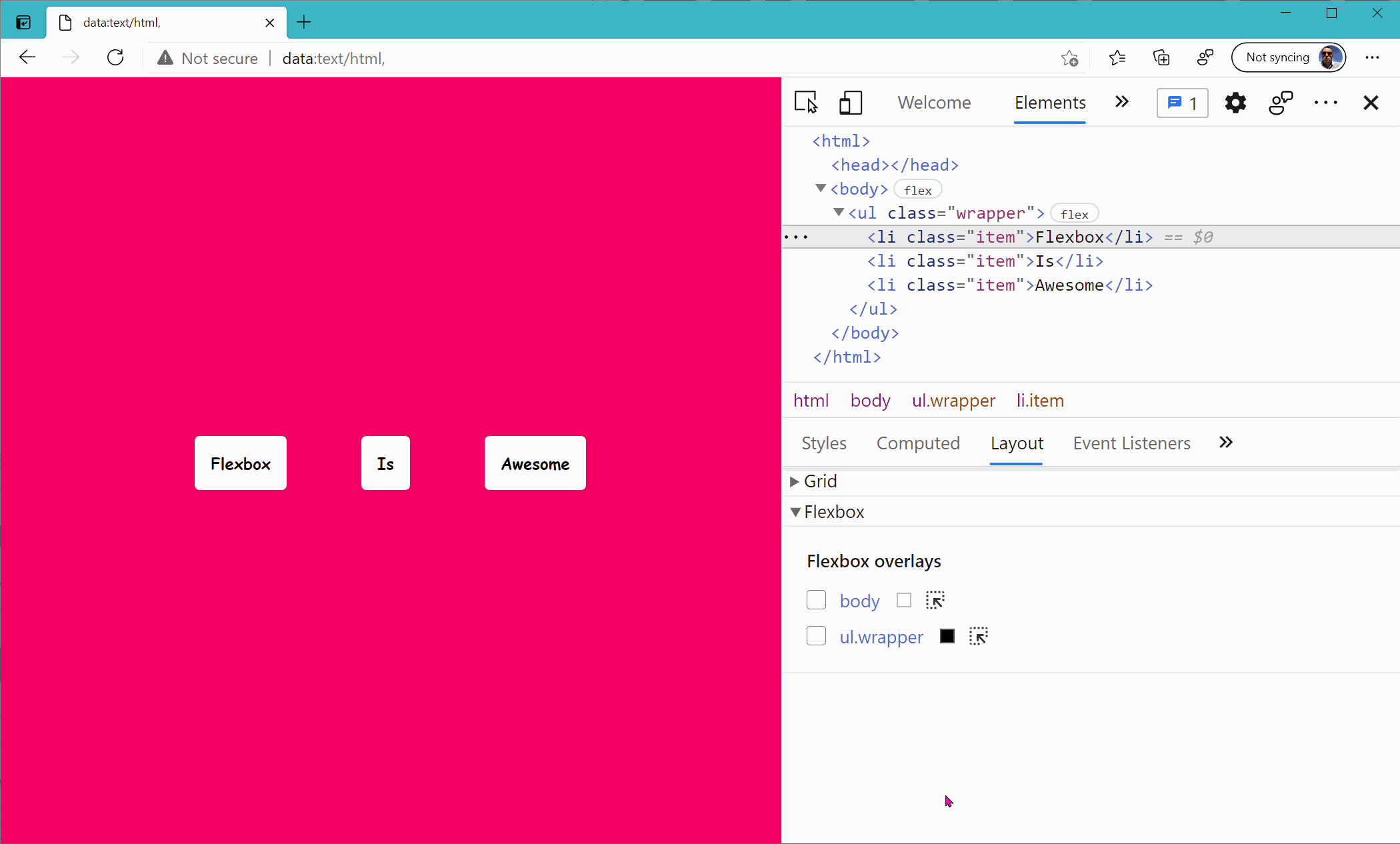 GIF animation of DevTools and the page with 2 flexbox layouts highlighted with persistent overlays and making changes to CSS styles at the same time