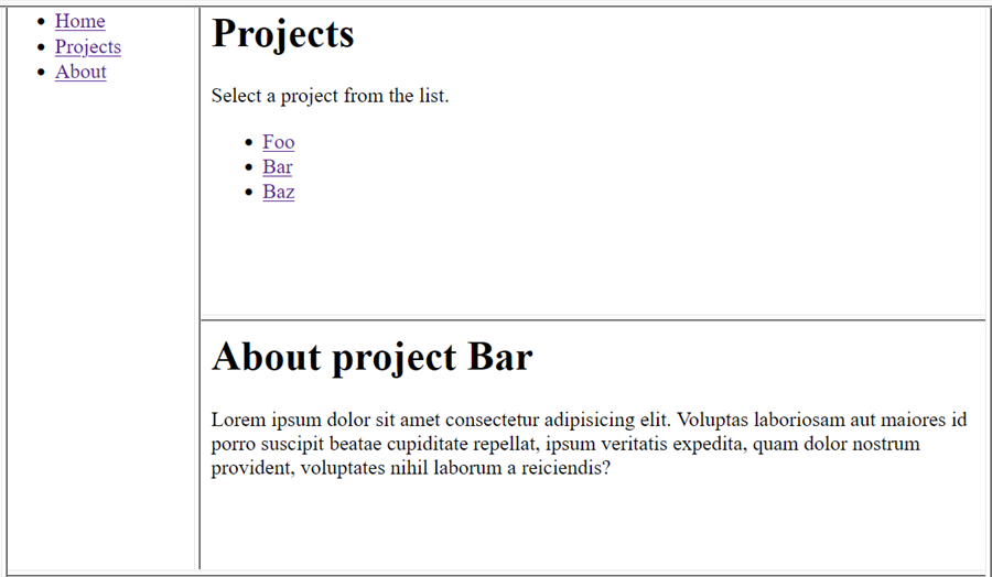 Screenshot of the frameset demo page