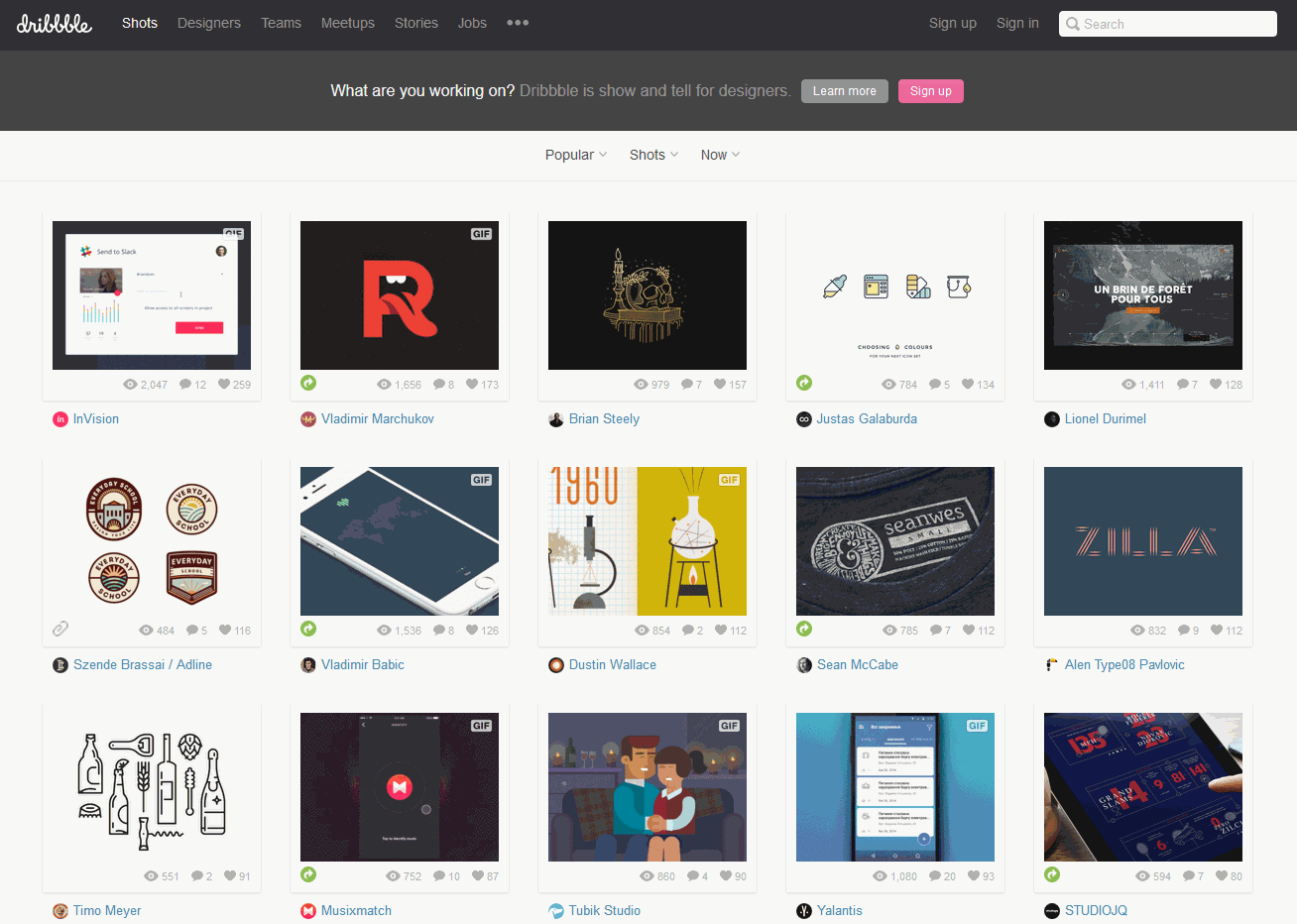 Dribbble's interface, with the grid system being highlighted