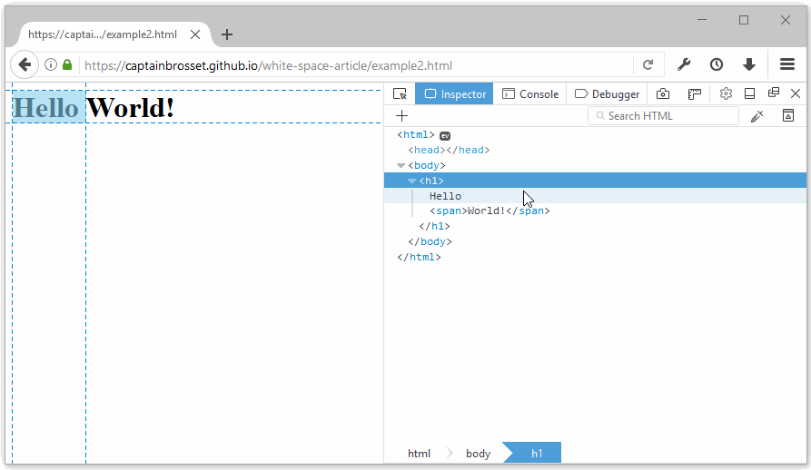 Animation showing how Firefox DevTools lets you highlight text nodes, and showing that the space is inside the same text node as the word Hello