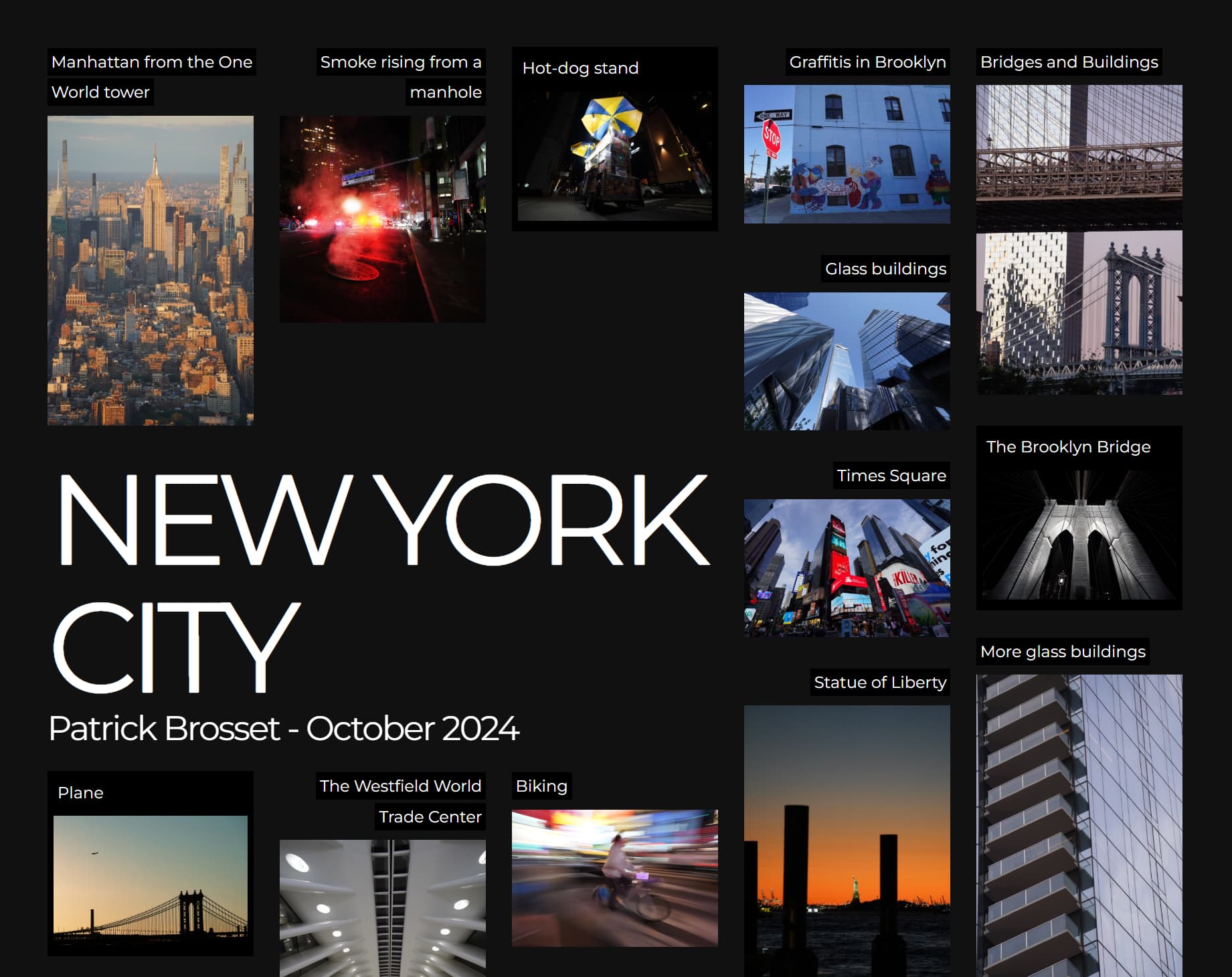 A CSS Masonry layout example, showing a photo gallery where the title spans multiple columns.