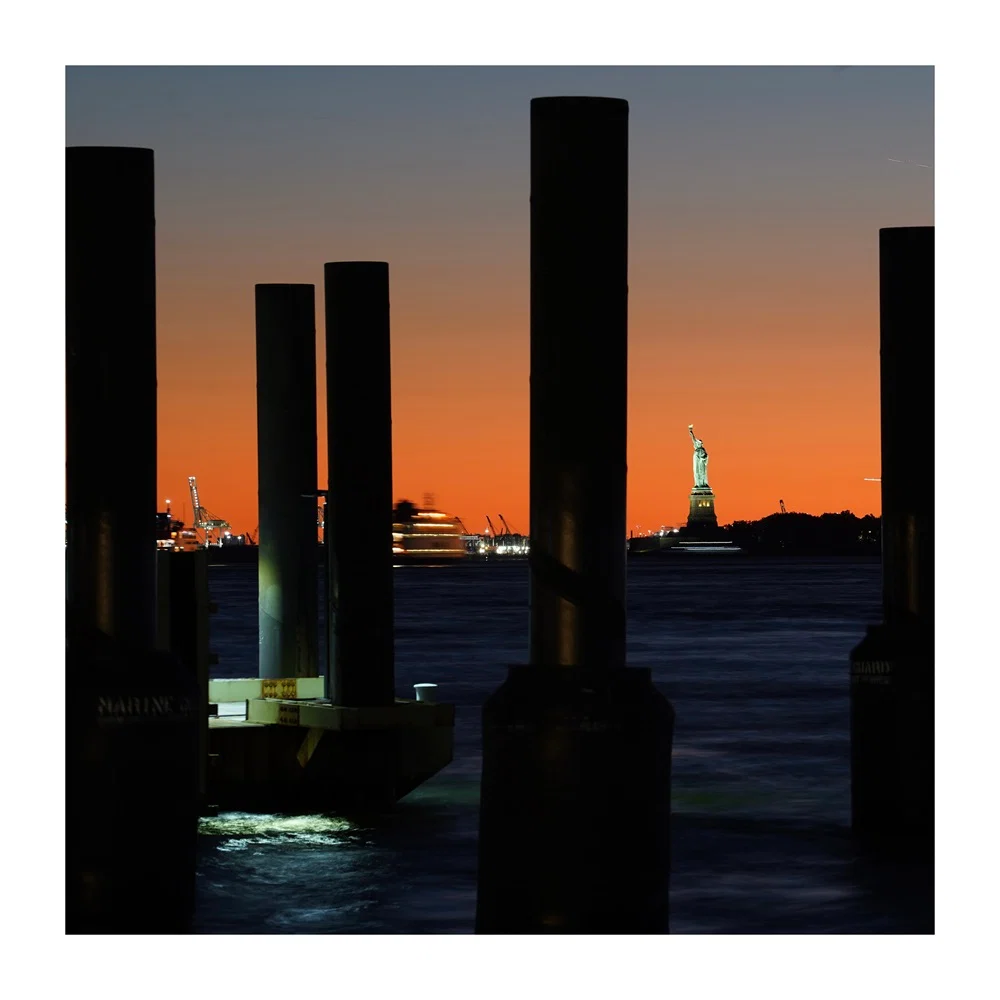 The statue of liberty, seen from the Brooklyn Bridge park, at night