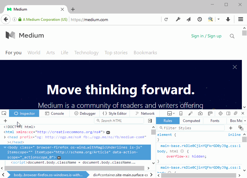 Gif showing the visual information that the element picker in Firefox displays