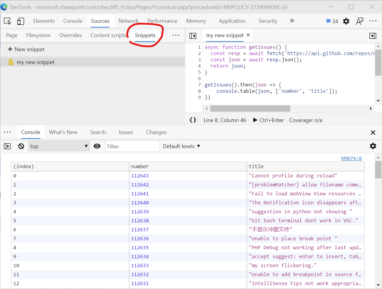 Screenshot of Edge DevTools showing the Sources panel, and within it the Snippets pane that allows creating new code snippets and executing them