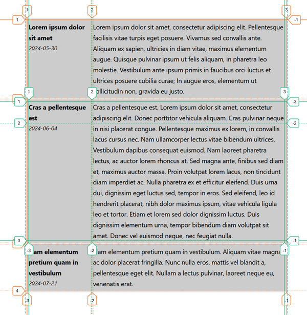 A grid showing dummy articles, highlighted with grid lines around it