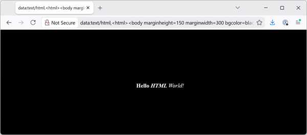 Browser window showing the rendered output of the HTML code discussed in this article. The page is black, with white text that says 'Hello HTML world!'.