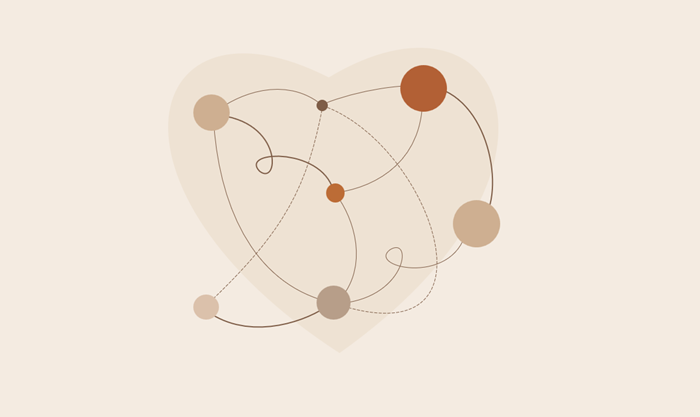 Abstract illustration of a heart shape with multiple dots inside and outside of it, connected by wavy lines.