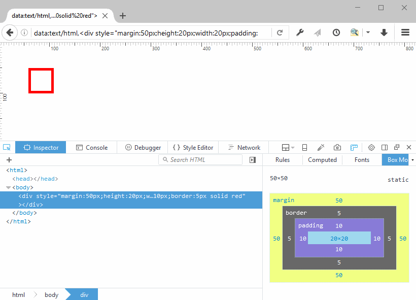 Gif showing how hovering over the regions of the box-model panel highlights the corresponding regions in the page