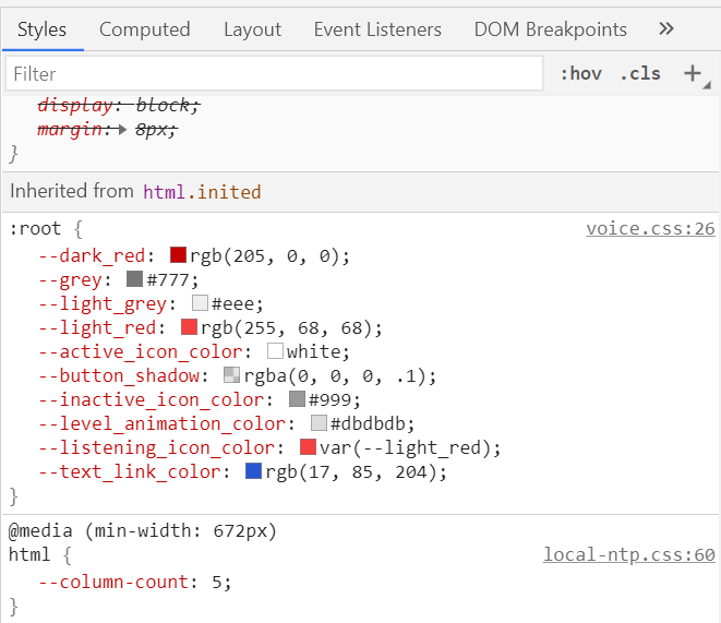 Screenshot of what color-looking variables look like in chrome DevTools