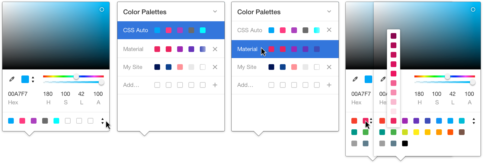 Various mockups of the color picker in chrome devtools