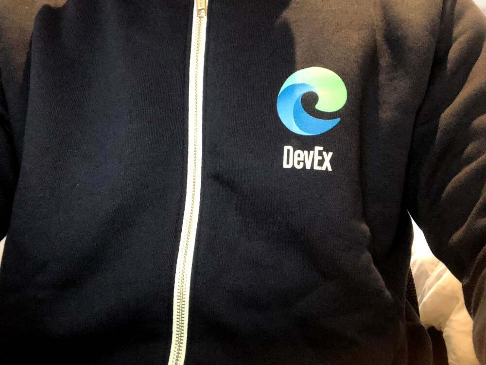 Photo of my new DevEx hoodie with the Microsoft Edge logo on it