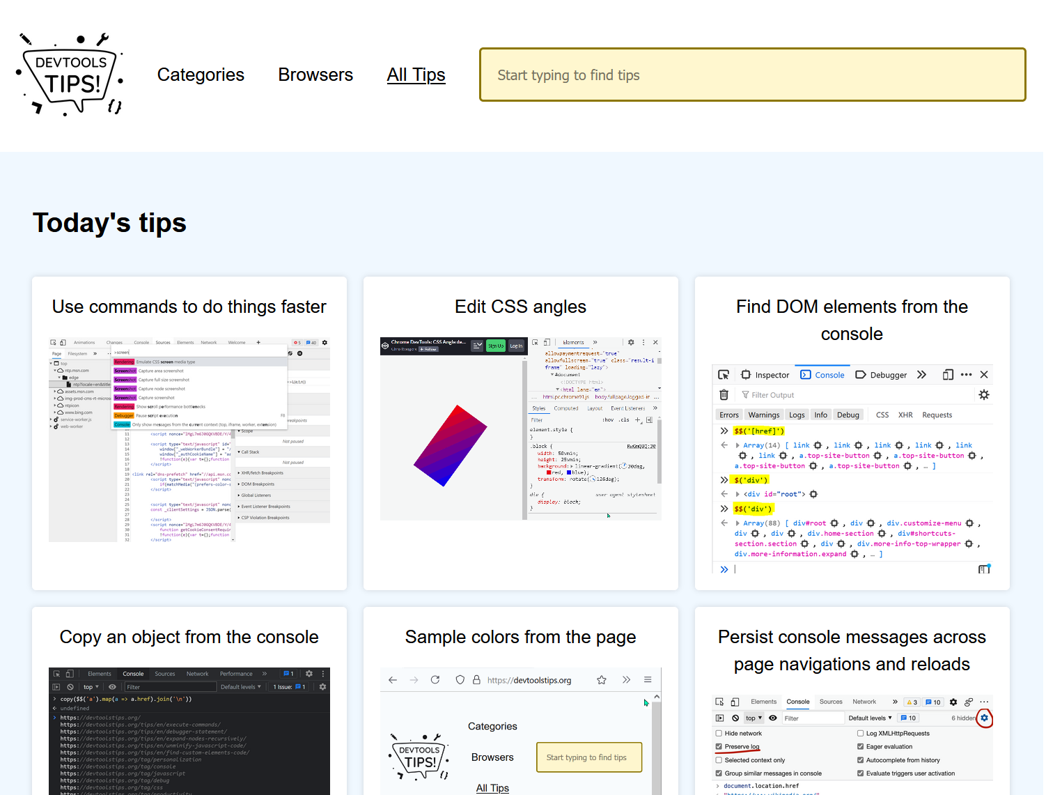 A screenshot of the devtools tips home page
