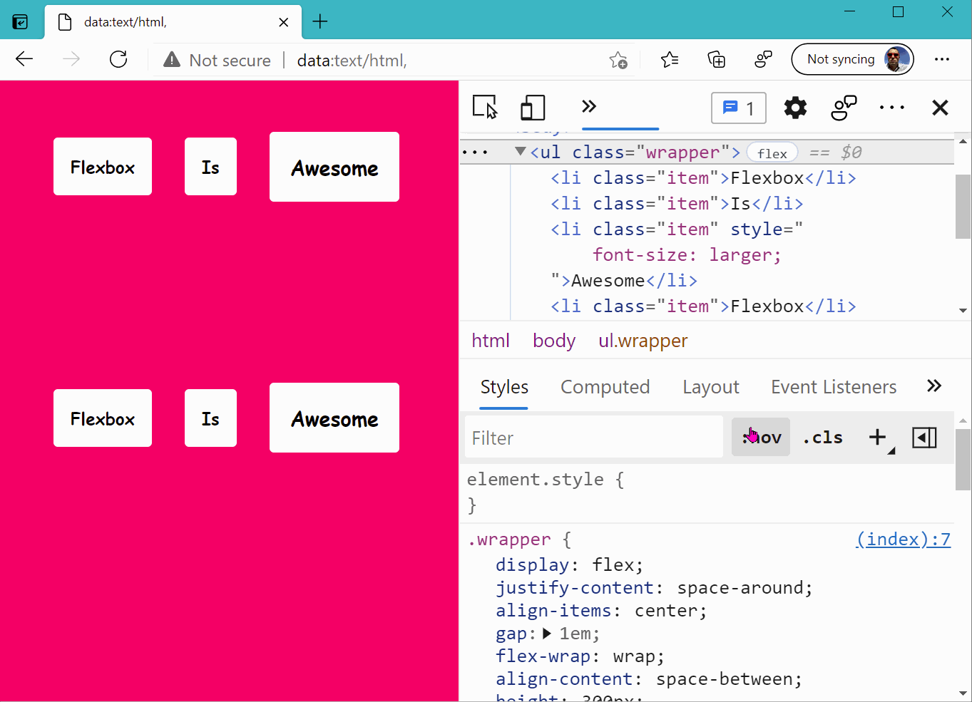 Another gif animation showing the effect of hovering over properties in the Styles pane