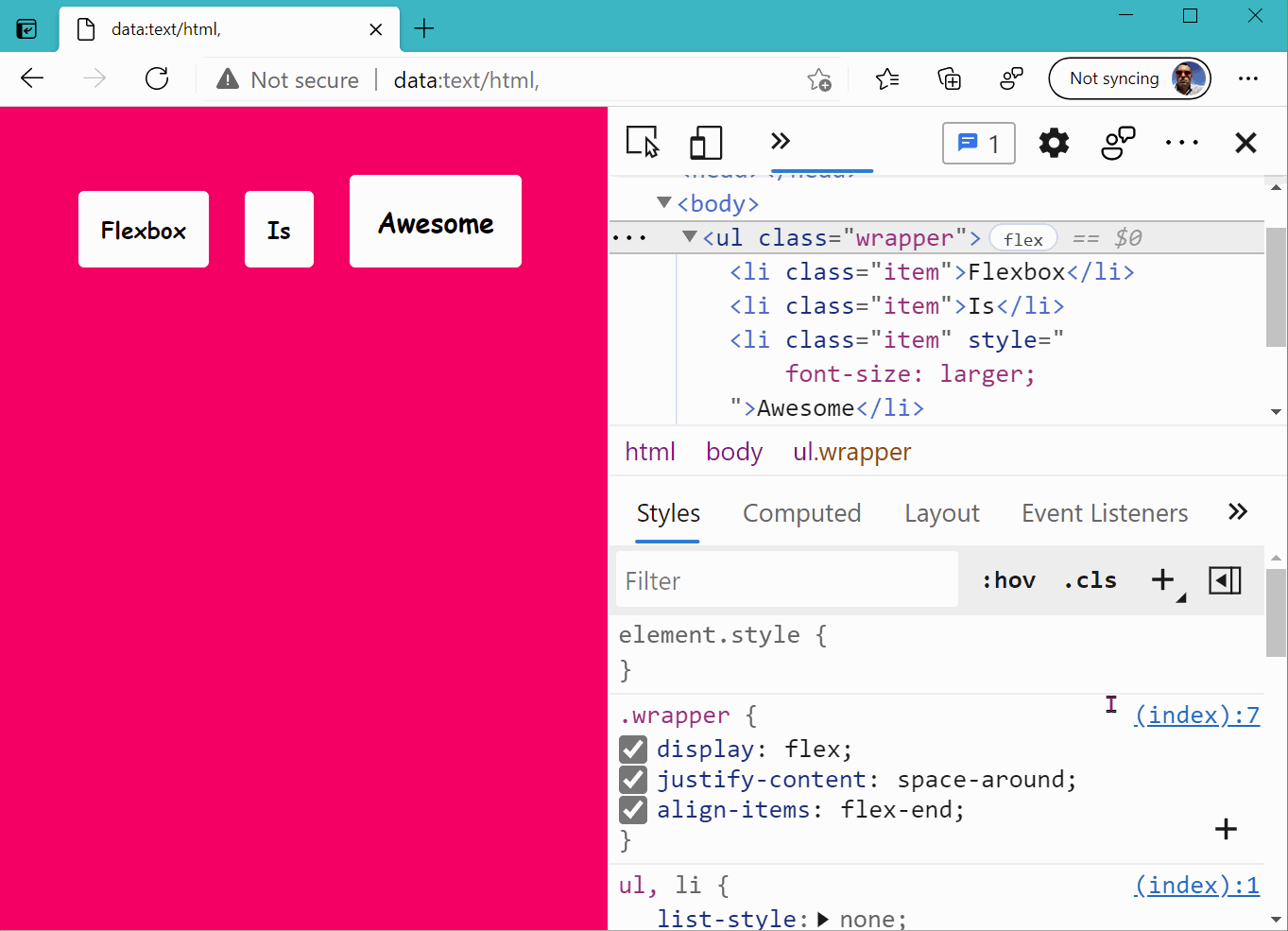 Gif animation showing how hovering over properties in the Styles pane highlight the corresponding parts of the page