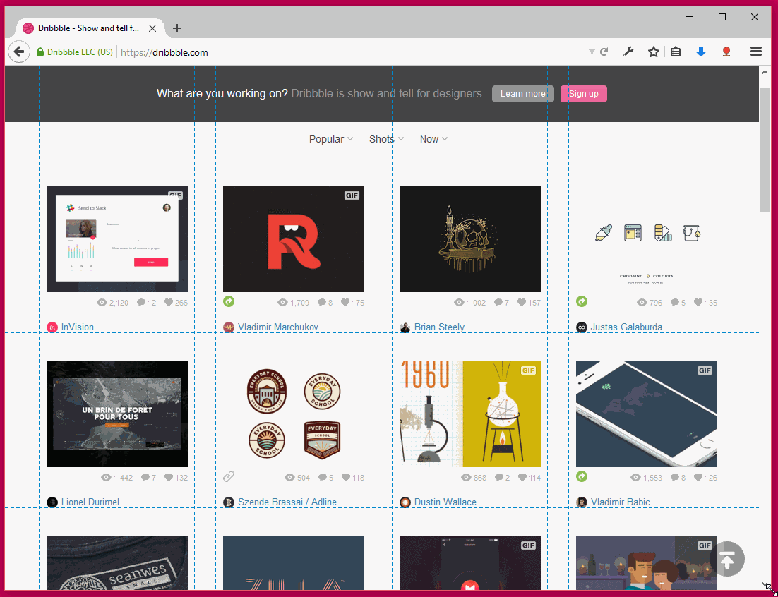 Dribbble's interface, re-arranging its number of columns depending on the available space