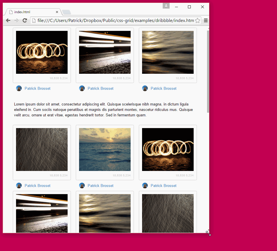 Same site as just before, as an animation, resizing the page, to force the layout to swatch from 4 to 3 to 2 columns